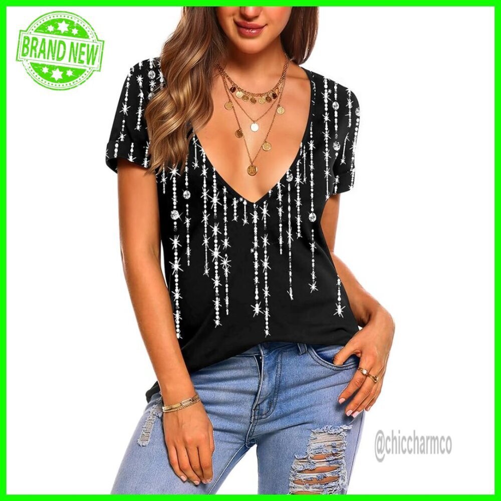 Deep V Neck Short Sleeve T-Shirt Polyester Spandex Summer Casual